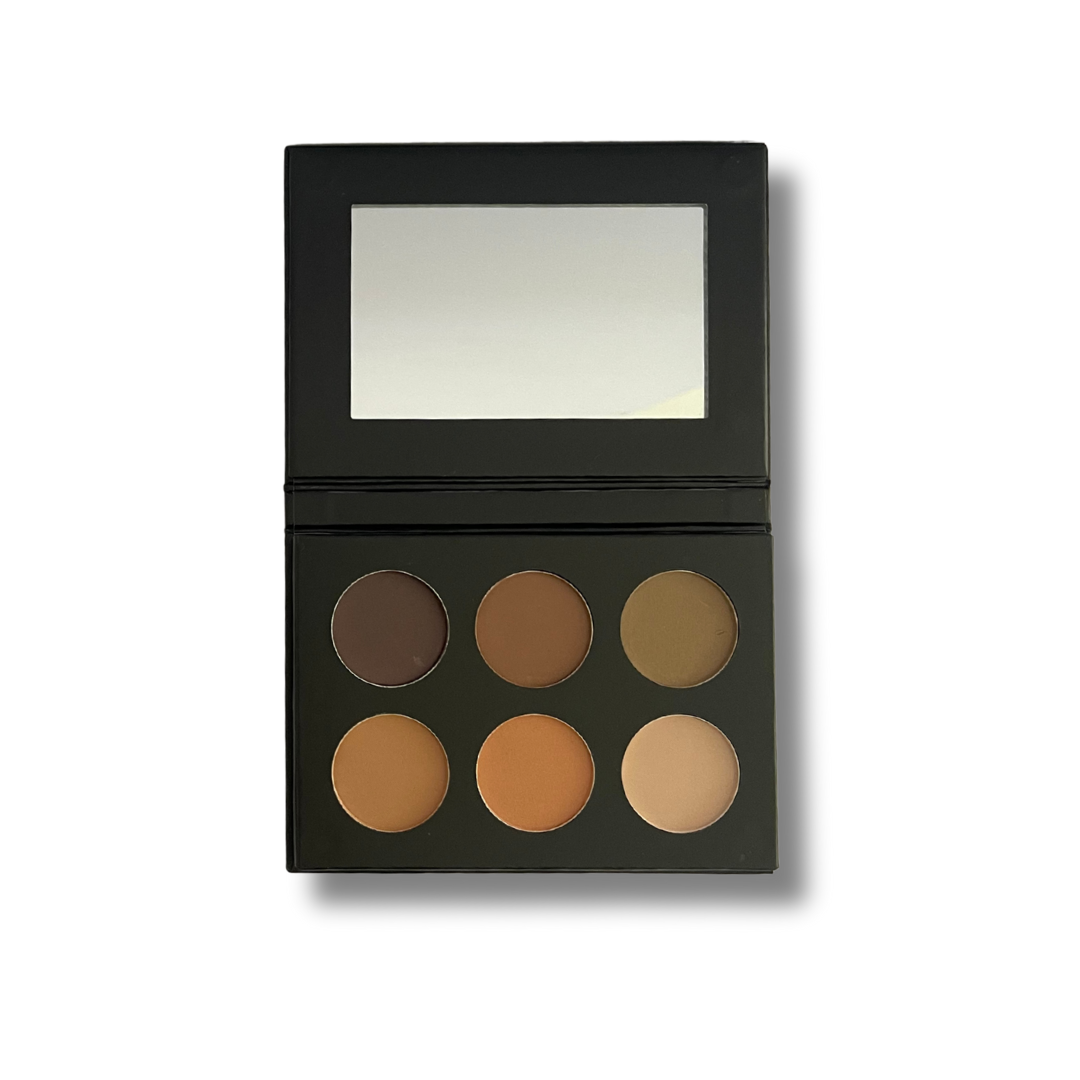 Makeup palette with six brown shades and a mirror on a white background