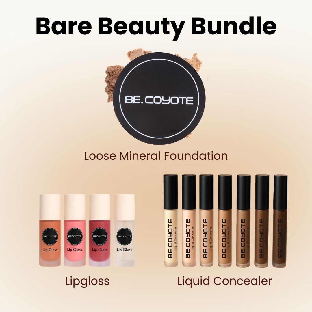 BE COYOTE makeup products including loose mineral foundation, lip gloss, and liquid concealer on a beige background.