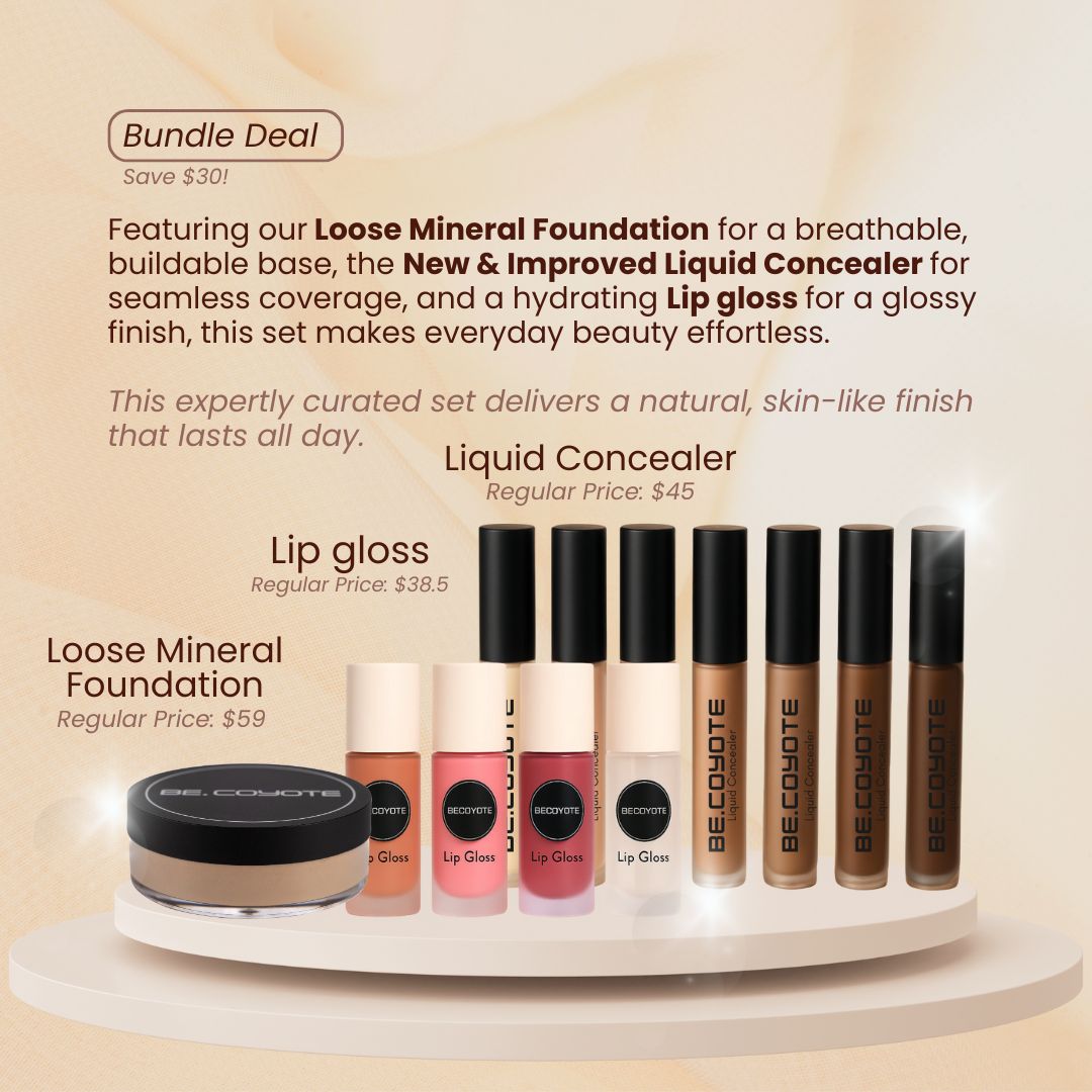 Cosmetic bundle deal with lip gloss, liquid concealer, and loose mineral foundation on a beige background.