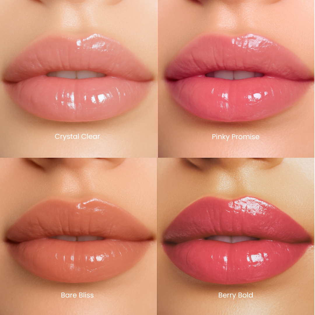 Four close-up views of lips with different lip gloss shades labeled 'Crystal Clear', 'Pinky Promise', 'Bare Bliss', and 'Berry Bold'.