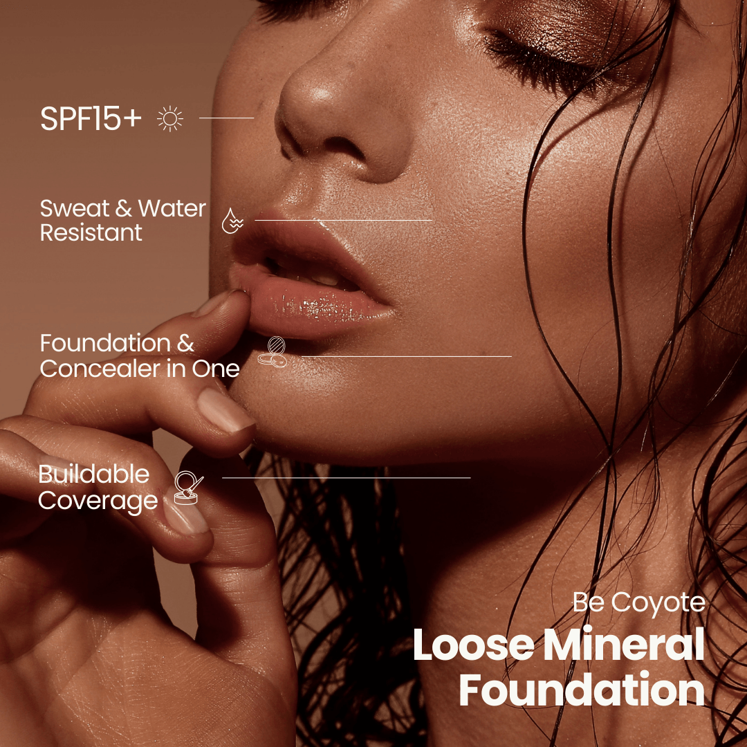 Close-up of a woman’s face wearing glowing, dewy makeup. Overlaid text highlights the benefits of Be Coyote Loose Mineral Foundation: SPF15+, sweat and water resistant, foundation and concealer in one, and buildable coverage. The image has a warm bronze tone and showcases soft, natural-looking skin.