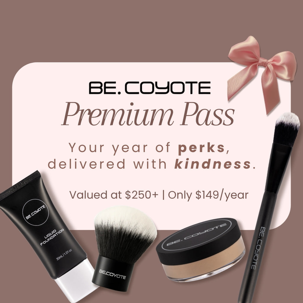 BE.COYOTE makeup products and promotional card on a brown background