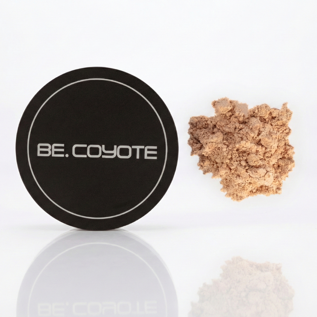 Be.Coyote makeup product with black container and brown powder on a white background