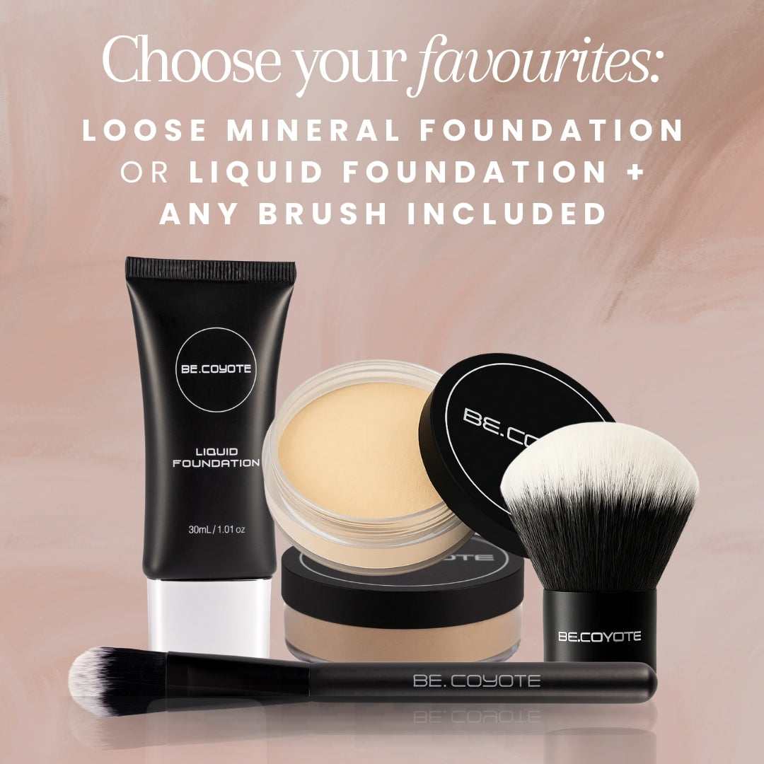 Makeup products including a liquid foundation tube, powder, and brush with 'Be Coyote' branding on a beige background.
